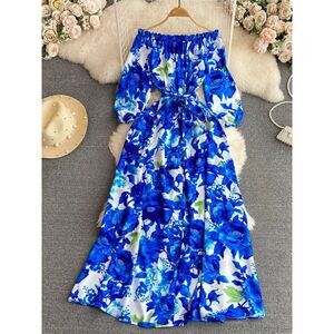 Blue Floral Womens Off Shoulder Maxi Dress Size XXL